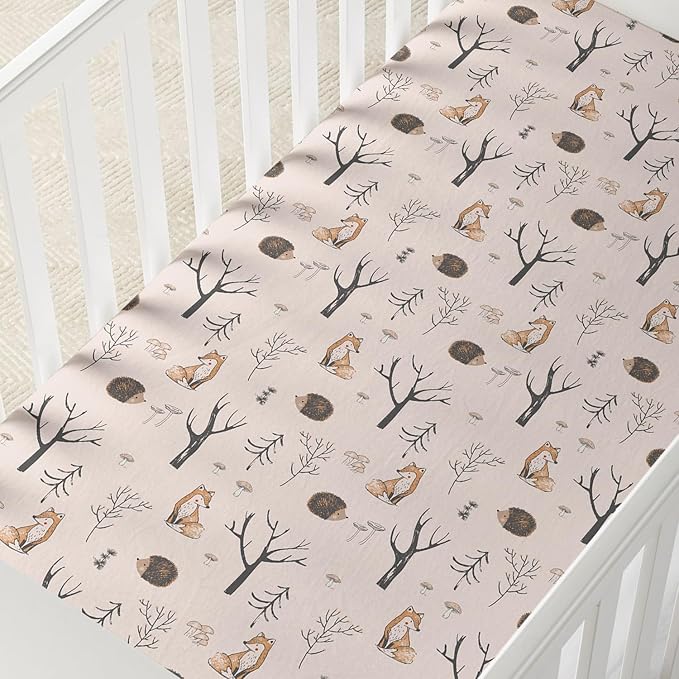 Horaldaily 2 Pack Fitted Crib Sheet for Boys Girls,Soft Breathable Washable Jersey Microfiber Baby Crib Sheet, Fits Standard Size Crib Mattress 28in x 52in, Animals Leaves Nursery Sheet Beige/Orange