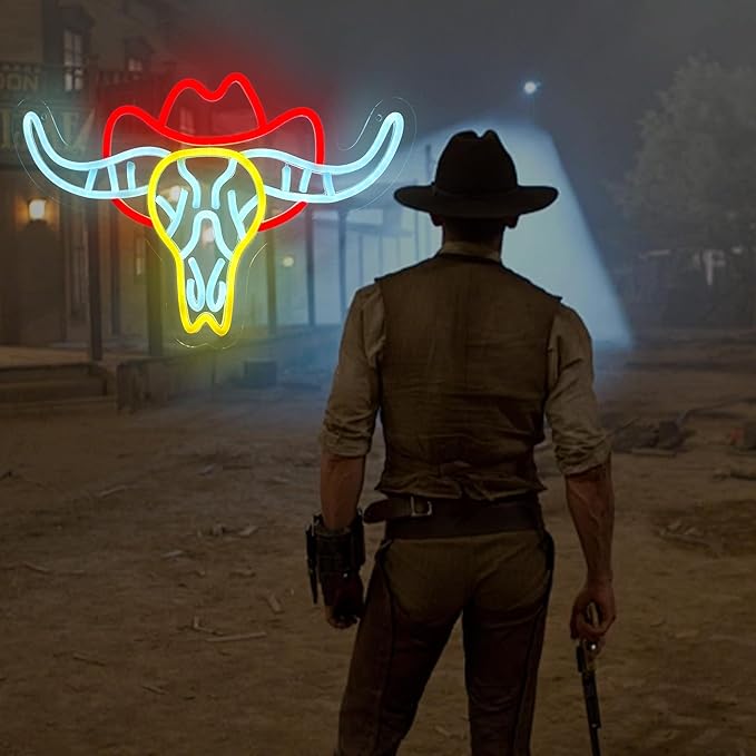 Bull Skull Neon Sign for Wall Decor,Dimmable LED Neon Light Cowboy Bull Sign for Bedroom Living Room Pub Bar Party Gaming Room Neon Bar Sign