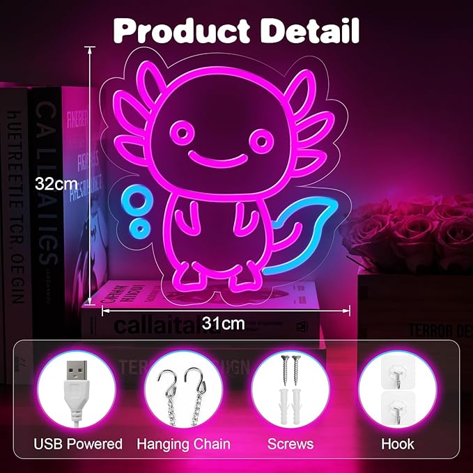 Axolotl Neon Sign for Wall Decor,Dimmable Axolotl Neon Light,Pink Animal Light Up Signs for Bedroom Party Bar Background Decoration