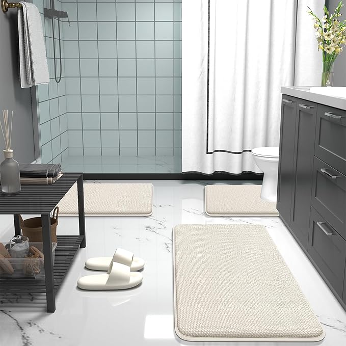 OLANLY Thick Memory Foam Bath Mat Rug 47x17, Extra Soft Absorbent Bathroom Rug, Quick Dry Bath Mats, Non-Slip, Machine Washable Carpet for Bathroom, Tub and Shower, Home Decor Accessories, Ivory