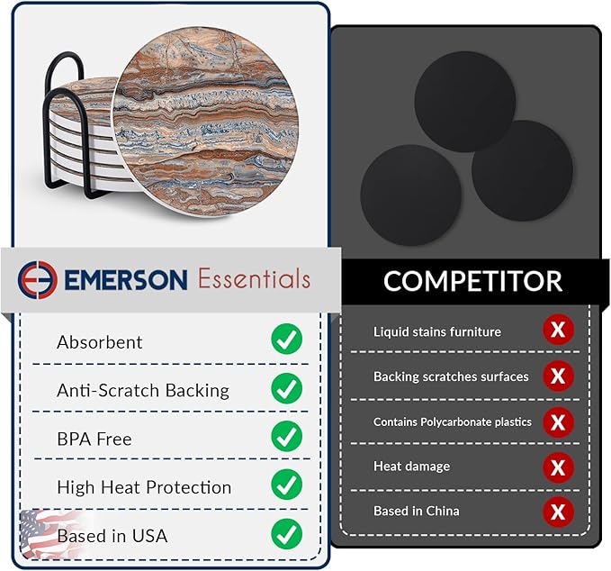 Emerson Coasters for Drinks Absorbent – Natural Stone Drink Coasters Set with Holder, Coasters for Coffee Table, Wooden Tabletop Protection Marble Style – 100% Heavy Duty Set of 6 (Terra)