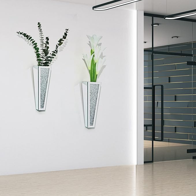 Crystal Wall Vase Hanging Flower-vase - Silver Crushed Diamond Mirrored Container Flower Vase Home Decor for Living Room, Dining Room, Bedroom, Set of 2 （11.2 Inch High） Wittolins