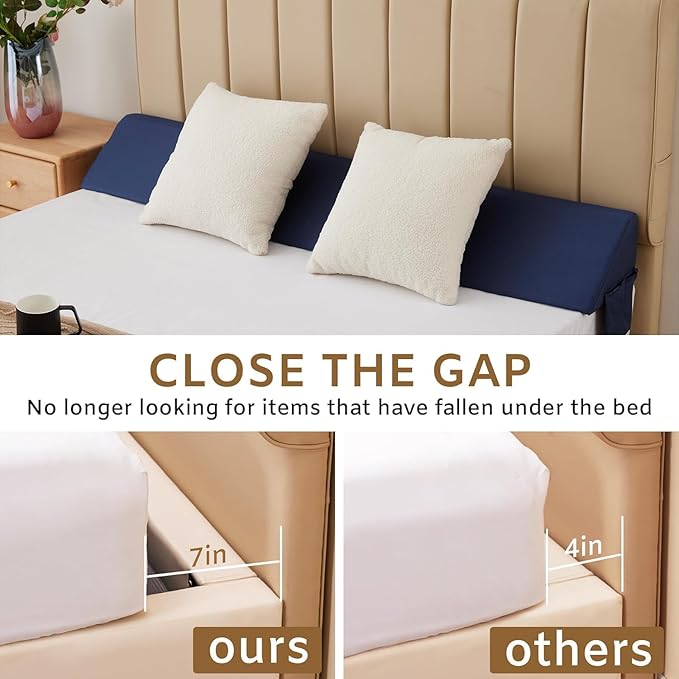 King Bed Wedge Pillow for Headboard, Foam Headboard Pillow, Bed Gap Filler, Mattress Wedge, Mattress Gap Filler King - Fill The Gap (0-7") Between Headboard and Mattress (Navy, 76"x10"x6")