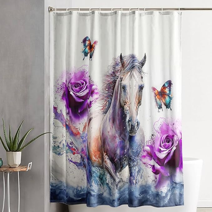 AILONEN 3D Horse Shower Curtain,Galloping Horses with Butterfly Waterproof Fabric Shower Curtains for Bathroom,Oil Purple Rose Bath Curtain Set with Hooks, 60" W*72" H