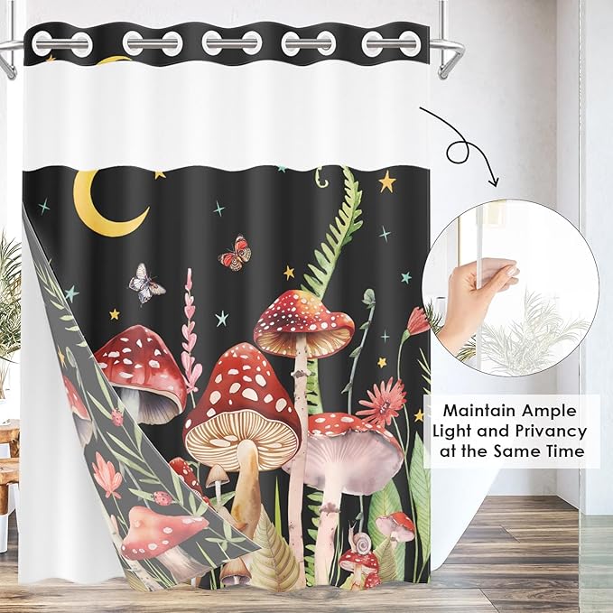 Mushroom Floral Flower No Hook Shower Curtain with Snap in Liner, Red Black Leaf Moon Bath Curtain with Double Layers Waterproof Fabric and Mesh Top Window 71x74 Inch