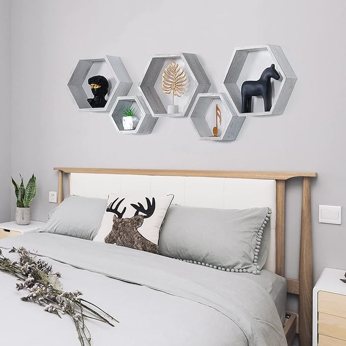 PHOENANCEE Hexagon Floating Shelves,Wall Mounted Wood Farmhouse Storage Honeycomb Wall Shelf Set of 5,for Bathroom, Kitchen, Bedroom, Living Room,Office,Driftwood Finish (Weathered White)