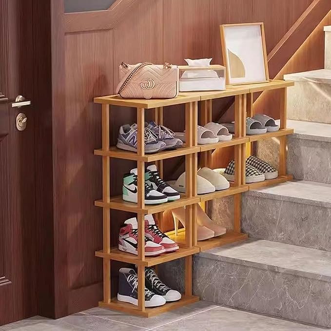 Bamboo Shoe Rack 3Tier- Vertical Shoe Rack for Small Spaces, Tall Narrow Shoe Rack Organizer for Closet Entryway Corner Garage and Bedroom,Skinny Shoe Shelf with Free Stackable DIY