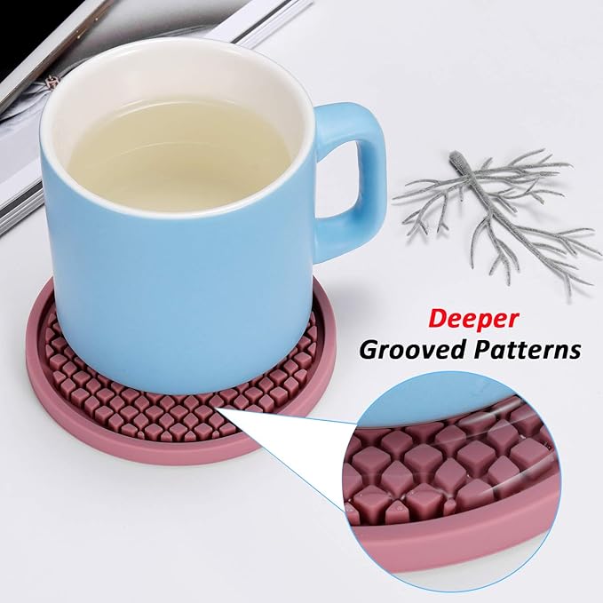 ME.FAN Silicone Coasters [6 Pack] Thickened Drink Coasters with Holder - Cup Mat - Non-Slip, Non-stick, Stay Put, Deep Tray - Prevents Furniture and Tabletop Damages(Pink)