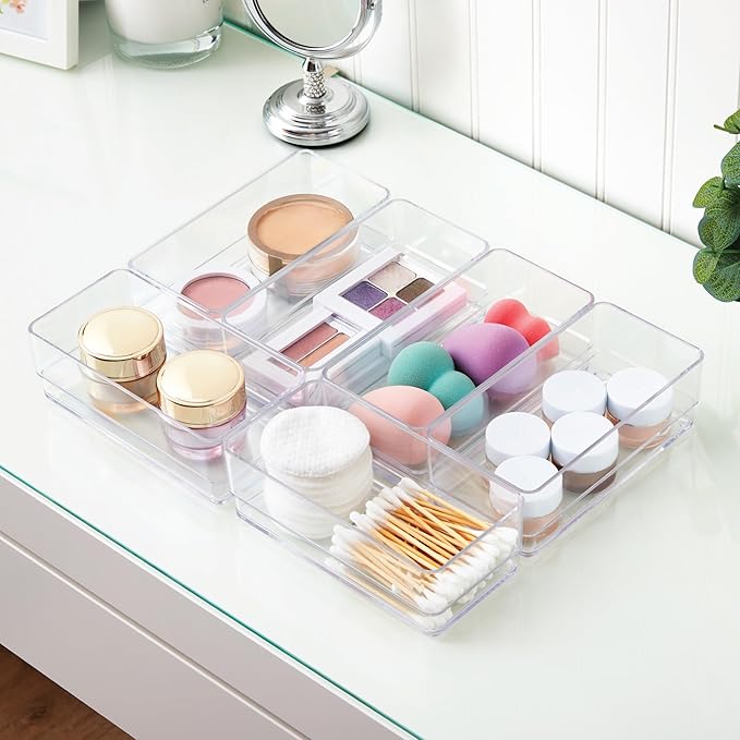 STORi SimpleSort 6-Piece Stackable Clear Drawer Organizer Set | 6" x 3" x 2" Rectangle Trays | Small Makeup Vanity Storage Bins and Office Desk Drawer Dividers | Made in USA