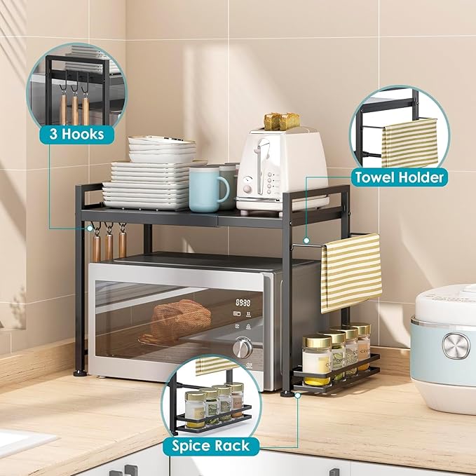 DOLALIKE Microwave Oven Rack, Expandable Microwave Stand Countertop Kitchen Utensils Tableware Storage, Carbon Steel Over Microwave Shelf Countertop with 6 Hooks