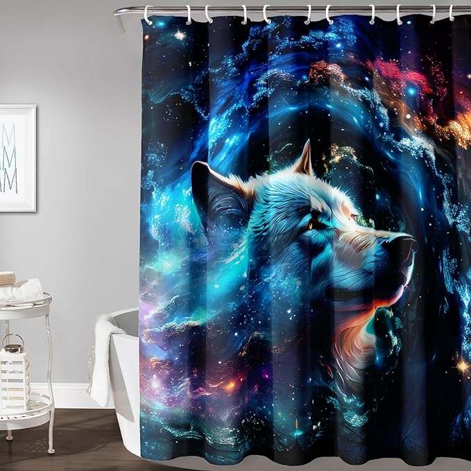 AILONEN 3D Wolf Shower Curtain for Bathroom,Blue Space Galaxy Starry Clouds Wolf Printed Bath Curtain,Boys Teen Kids Wild Animal Wolf Decoration Shower Curtain Waterproof 48" W*72" H