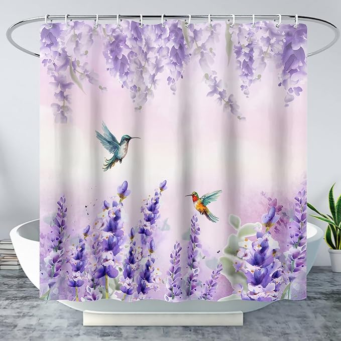AILONEN Waterproof Floral Shower Curtain for Bathroom,Purple Wisteria Lavender Flowers Shower Curtain,Botanical Floral Decor Bathroom Polyester with Grommets and Hooks 72" W*72" H
