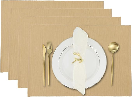 Cloth Placemats Set of 4, Cotton Blend Durable Layered Table Mats, Non-Slip Wrinkle Free Place Mats for Dining Table, Easy to Clean (Croissant Brown, 13x19 Inch)