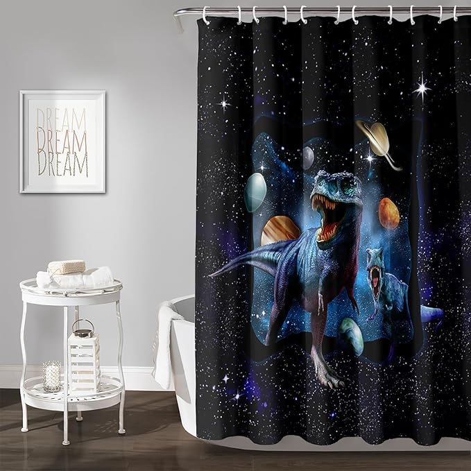 AILONEN Boys Dinosaur Shower Curtain 72" W*84" H for Bathroom,Blue Galaxy Starry Dinosaur Bathroom Shower for Boys Teen,Cartoon Dinosaur Bath Curtain Polyester Waterproof Shower Curtain with 12 Hooks