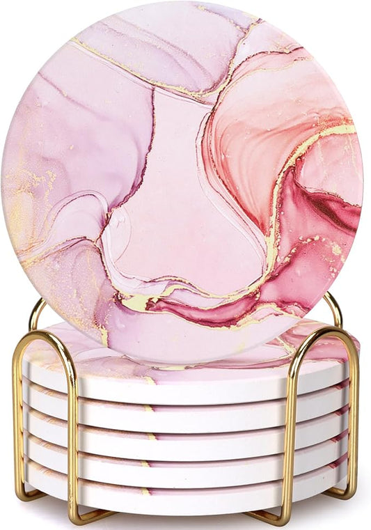 6 Pcs Pink Marble Abstract Ceramic Coasters with Holder Best Round Drink Absorbent Coaster for Desk, Lounge, Coffee Table, Wine, Beverage, Bar Coasters Set