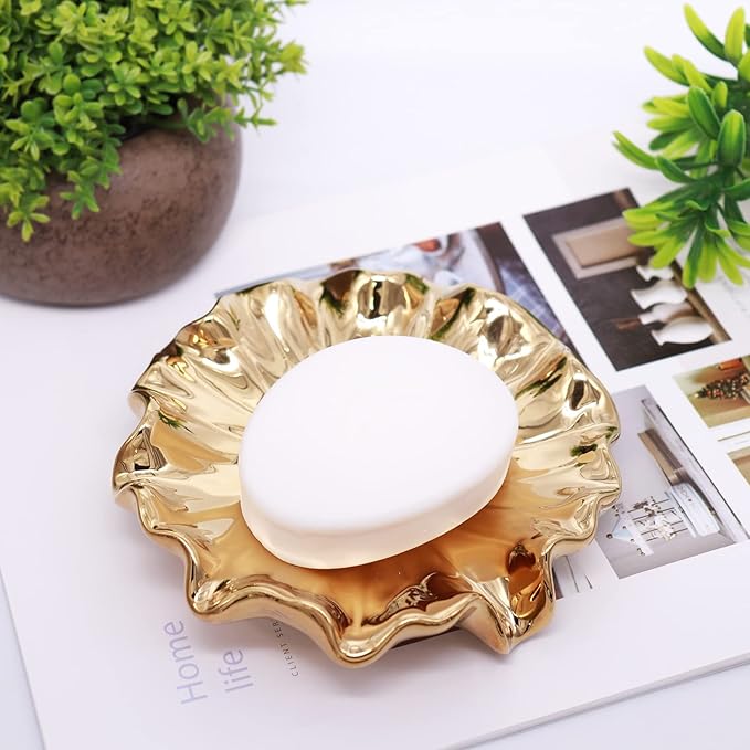 Soap Dish with Drain Ceramic Gold Lotus Leaf Soap Holder Soap Saver for Bar Soap, Kitchen Sink, and Bathroom Shower