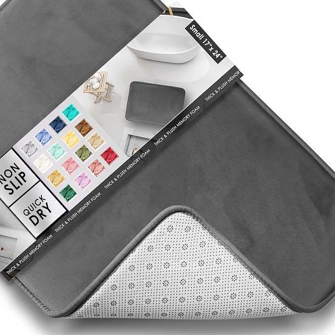 Clara Clark Bathroom Rugs, Velvet Memory Foam Bath Mat, Non-Slip, Machine Washable Bath Rugs - Dries Quickly, Ultra Soft Plush Bath Mats for Bathroom, 17 x 24, Grey