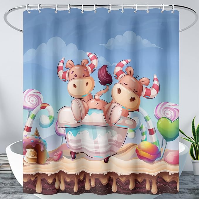 AILONEN Cute Cow Kids Shower Curtain 72" W*78" H Cartoon Candy Printed Shower Curtain Boys Girls Children Bathroom Curtain Decor Polyester Waterproof Curtain with 12 Hooks
