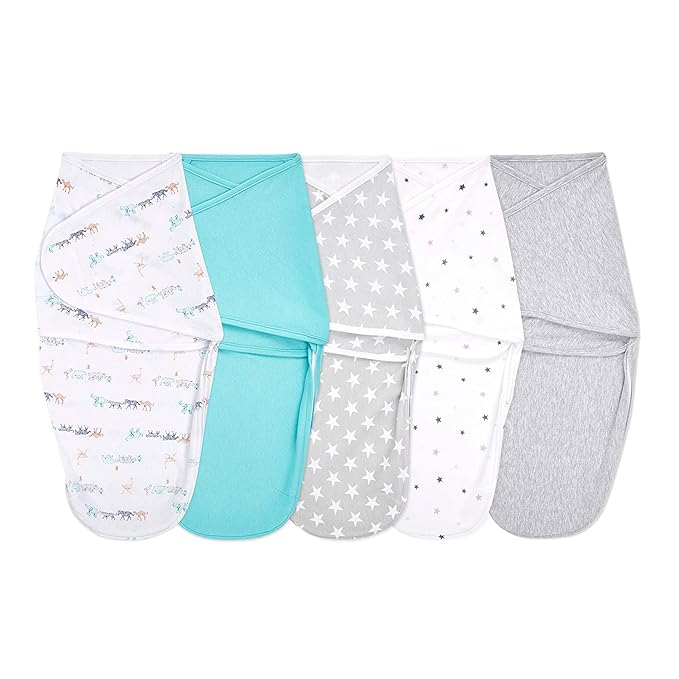 aden + anais, Cotton Knit Baby Wrap, Newborn Wearable Swaddle Blanket, 5 Pack, Starlit, 0-3 Months