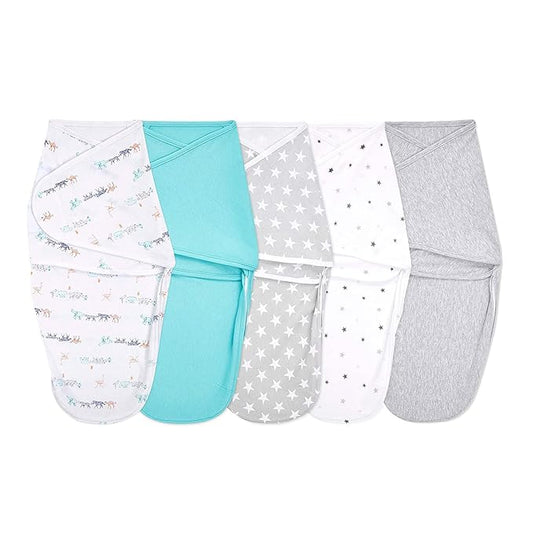 aden + anais, Cotton Knit Baby Wrap, Newborn Wearable Swaddle Blanket, 5 Pack, Starlit, 0-3 Months