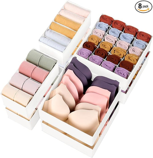 Criusia Underwear Sock Drawer Organizer Dividers 8 Set, Foldable Dresser Closet Organizers and Storage Bins for Baby Clothing, Sock, Underwear, Bra, Ties, Scarf (White)