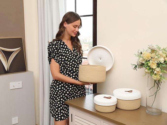 Cottonphant Set of 3 Stylish Round Woven Baskets with Lids - Elegant Storage Solution for Home Decor and Organization - Compact Shelf Baskets (Beige/White Lid, 10"x6"-8"x5"-6"x4")