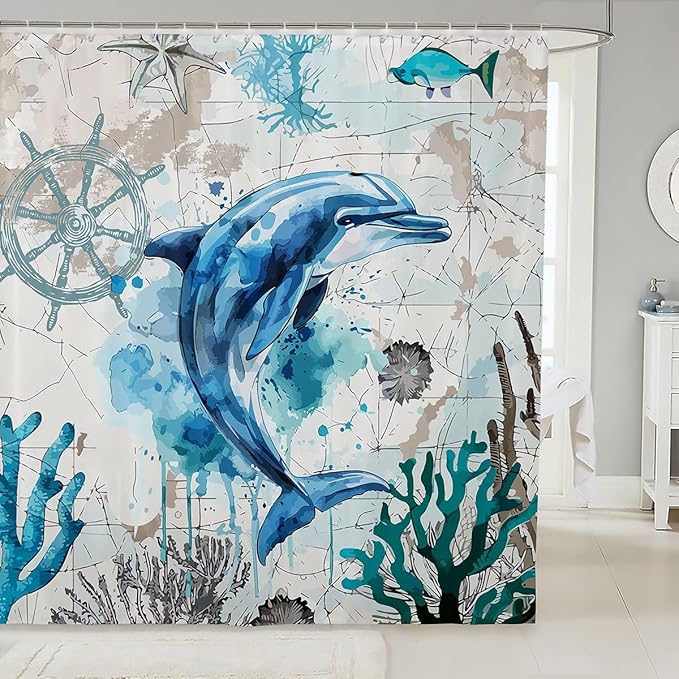 Feelyou Dolphin Fabric Shower Curtain Ocean Shower Curtain for Kids Boys Girls Sea World Bathroom Waterproof Accessories with 12 Hooks Underwater Sea Animal Curtains,72x84 Inches