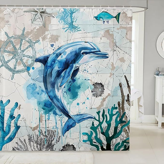 Feelyou Dolphin Fabric Shower Curtain Ocean Shower Curtain for Kids Boys Girls Sea World Bathroom Waterproof Accessories with 12 Hooks Underwater Sea Animal Curtains,72x84 Inches
