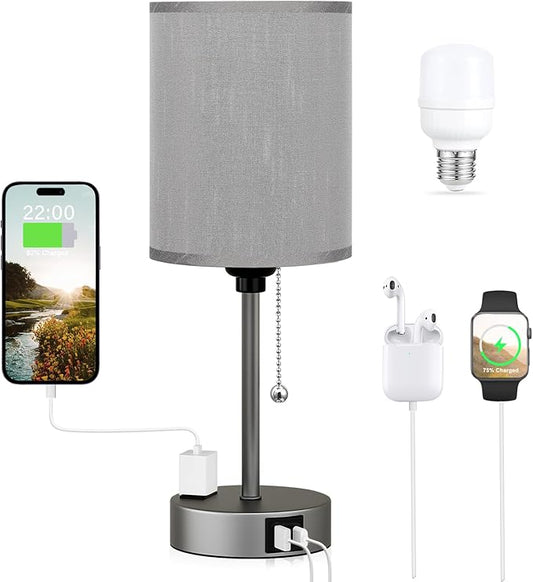 Dicoool Small Bedside Table lamp for Bedroom - 3 Color Temperatures Bedside Lamps with USB Ports for Housewarming, Pull Chain Table Lamps with AC Outlet, Nightstand Lamps for Kids Reading
