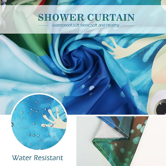 Aimego Stall Small Shower Curtain - Funny Cute Cartoon Frogs Dragonfly Lotus Leaf Floral Pond Moon Fun Narrow Half Fabric Cloth Bath Shower Curtain Set for Kids Bathroom Decor Accessories, 36"x72"