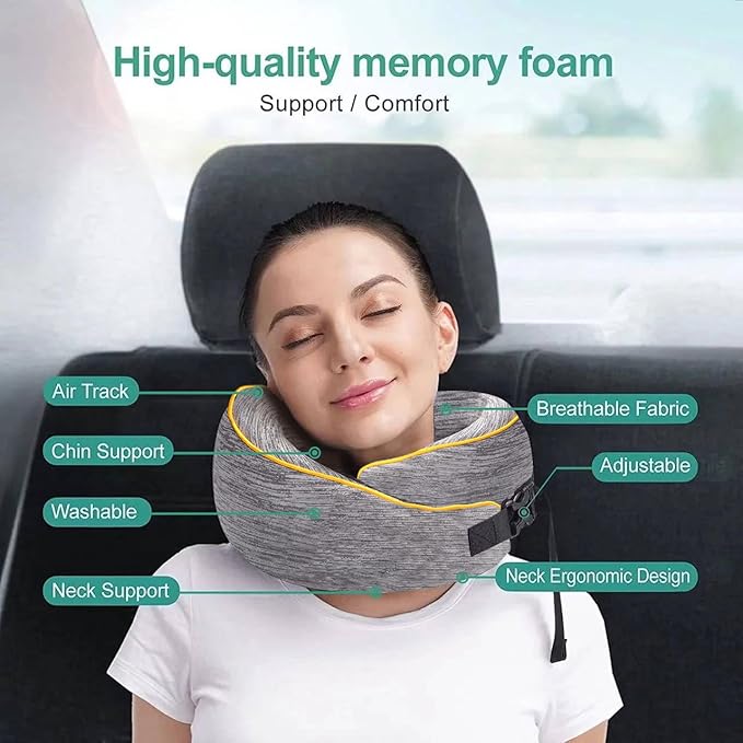 Neck Pillow for Travel | Memory Foam Travel Neck Pillows for Airplanes | Full Chin and Neck Support Pillow | Soft, Ergonomic Neck Support Best Travel Pillow with Adjustable Strap