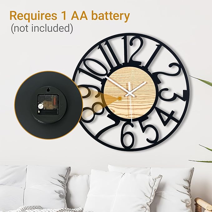 16inch/40cm Wall Clock for Living Room Vintage Silent Classroom Battery Clocks for Bathroom Bedroom Office Cafe Decoration (Wooden Arabic Numerals, 16 inches)