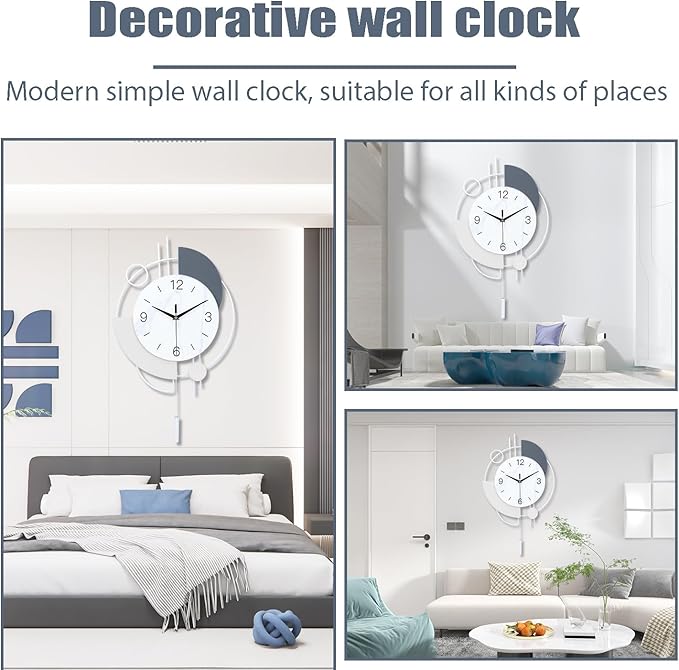 Decorative Silent Quartz Wall Clock with Pendulum, Battery Operated, Large for Living Room, Kitchen, Home, Bathroom, Bedroom - 13x21.65in