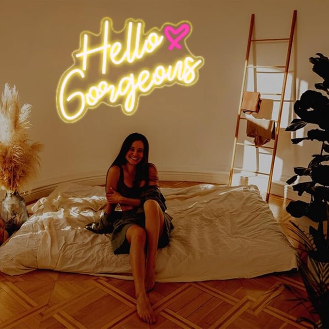 DAKABUKA Hello Gorgeous Neon Sign Hello Beautiful Warm White LED Neon Lights for Home Wedding Birthday Backdrop Bacelorette Party Wth Dimmable Switch(5V,16.5X10.6inches)