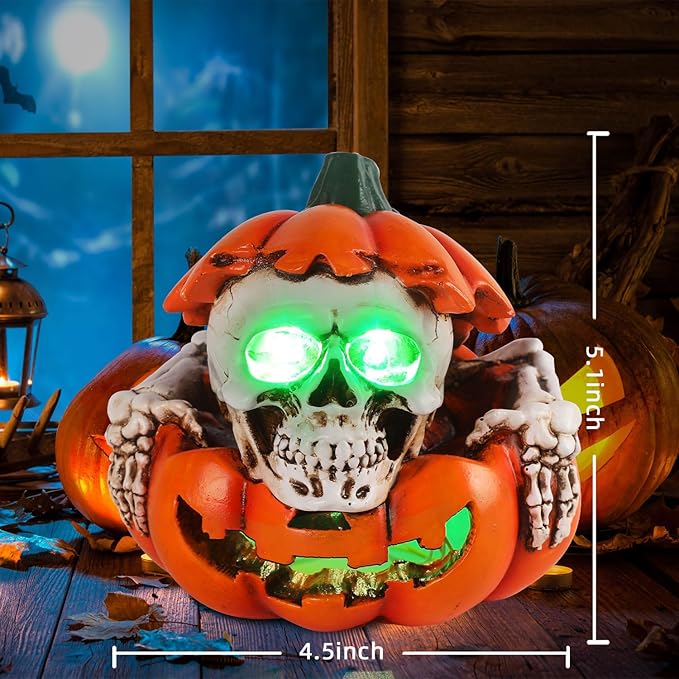 Halloween Skull Pumpkin Decor - Solar Powered Resin Skull & Pumpkin, Unique Garden Decor for Outside Yard Porch Lawn, Halloween Decorations Outdoor/Indoor