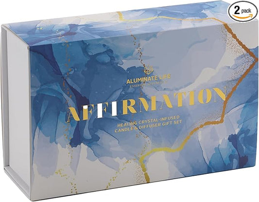 Luxury Candle & Diffuser Set, Affirmation - Blue Quartz, Sodalite, Clear Quartz Crystal Infused - Scents of Eucalyptus, Tobacco, Sequoia, & Musk - Empowerment, Confidence, Optimism