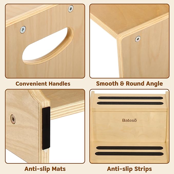 Step Stool for Kids, Wooden Toddler Step Stool for Bathroom Sink with Safety Anti-Slip Mat and Strip, Assembly Easily, Sturdy Kid Step Stool for Brushing Teeth, Kitchen, Toilet Potty Training