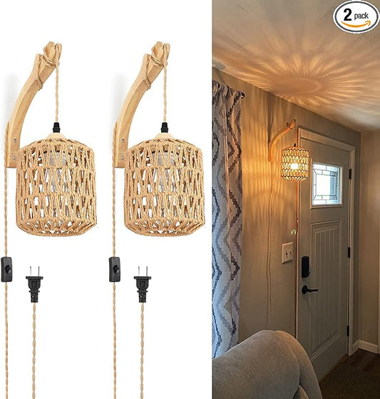 Frideko Plug in Wall Sconces Set of Two Hand Woven Lamp with Cord Rattan Lights Farmhouse Sconce Mounted Light Boho Lighting for Bedroom Living Room