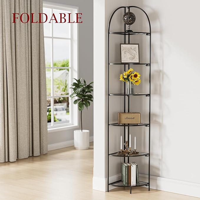 Crofy Foldable 6 Tier Corner Shelf, Metal Corner Plant Stand with Black Frame and Transparent Shelves, Corner Display Rack Multipurpose Shelving Unit for Living Room, Bedroom, Bathroom
