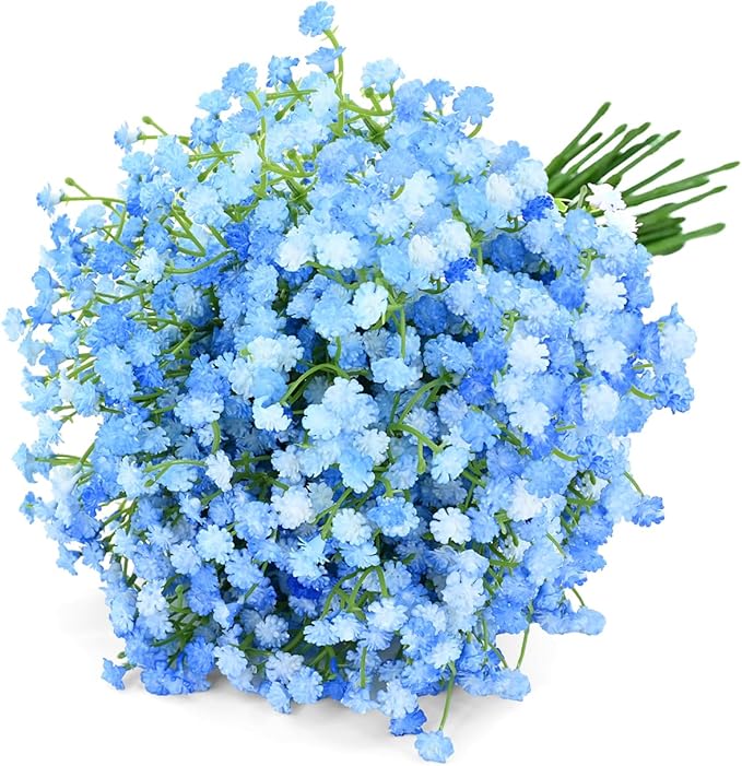 Babys Breath Artificial Flowers, 24Pcs Fake Baby Breath Flowers Artificial Bulk Faux Gypsophila Real Touch Flowers for Outdoors Wedding DIY Bouquet Arrangement Party Home Garden Decor, Blue