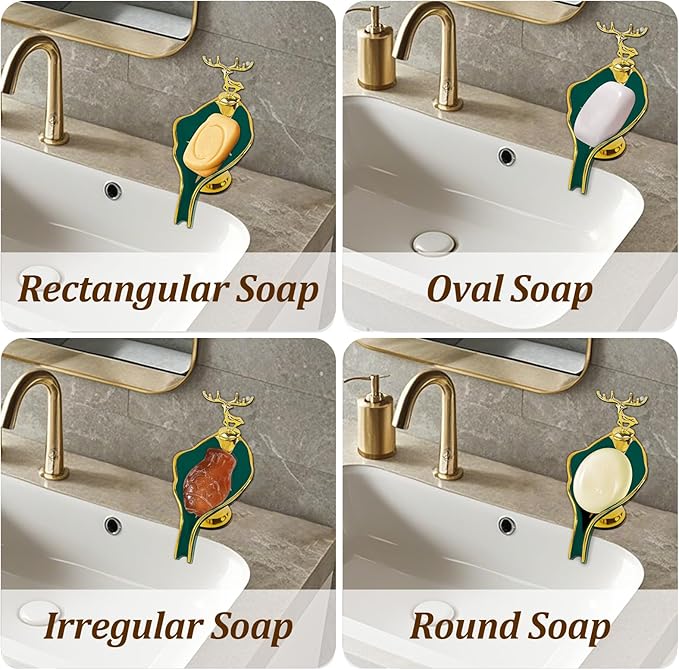 Leaf Shape Ceramic Soap Dishes - Self Draining Soap Dish for Shower, Bathroom Sink, Bathtub, Kitchen Counter (Green)