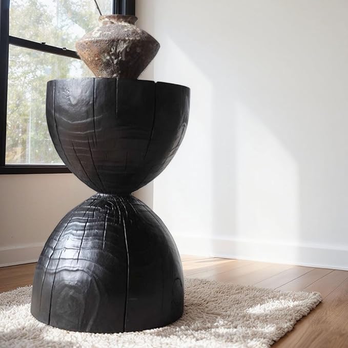 Natural Wooden Pillar Side Table – Round Tree Wood Drum-Shaped Coffee Table, Side Table for Balcony, Courtyard, Garden, Living Room Decoration – Modern Stool Design, Stable Base(Color:Black)