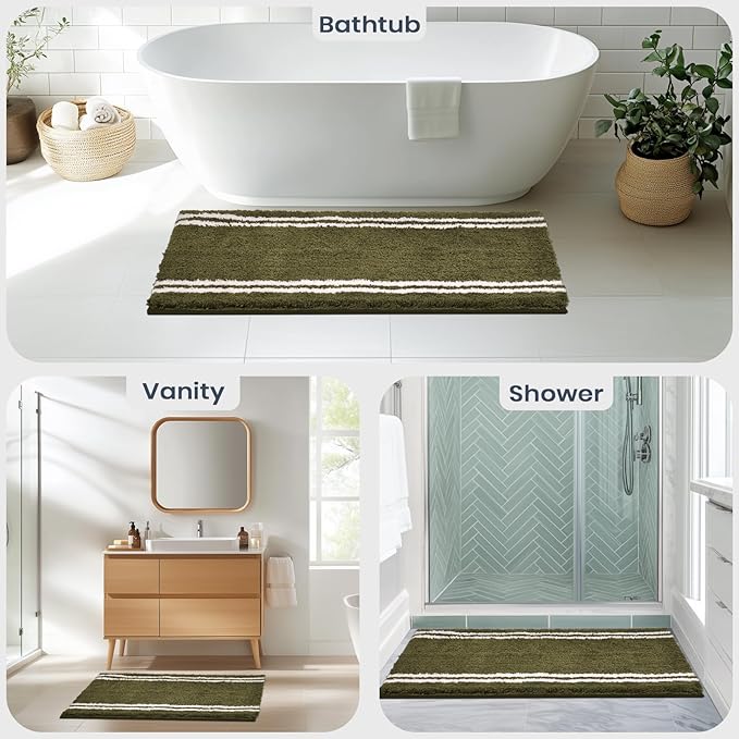 PURRUGS Bathroom Rug Non-Slip Machine Washable 30" x 60", Super Absorbent and Quick Dry Shaggy Microfiber Bath Mat, Extra Soft and Plush Bath Rug for Bathtub, Shower and Sink, Olive Green