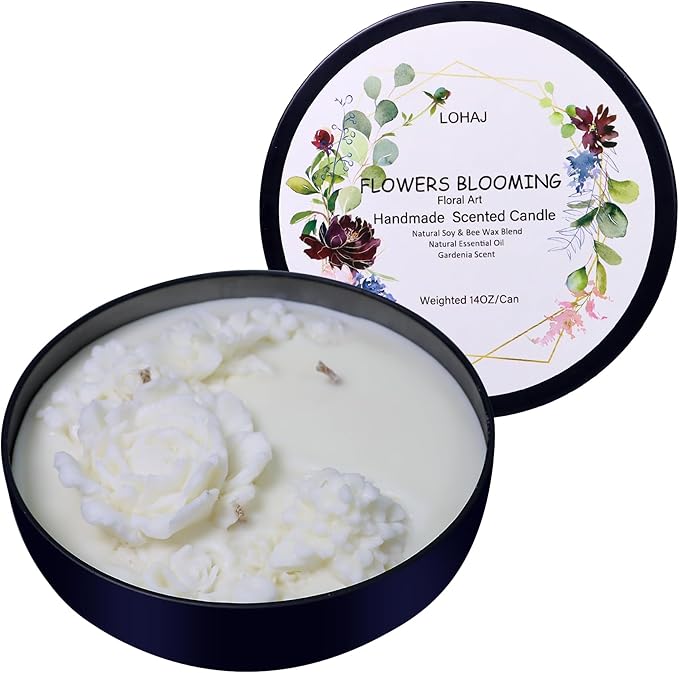 Flowers Blooming Candle Set for Women Girls, Large Tin Candle 14oz weighted with 3 Wicks, Long Lasting Scented Candle Gift Set for Home Décor Indoor Outdoor, White