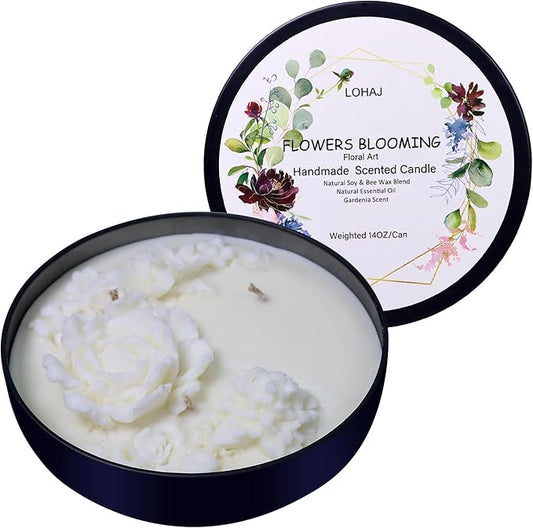 Flowers Blooming Candle Set for Women Girls, Large Tin Candle 14oz weighted with 3 Wicks, Long Lasting Scented Candle Gift Set for Home Décor Indoor Outdoor, White