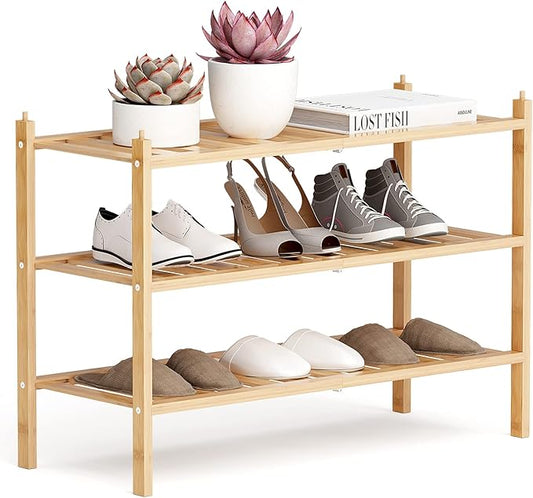 Shoe Rack, 3-Tier Bamboo Stackable Shelf Storage Organizer, Stand for Closet, Entryway, Hallway, Bathroom and Living Room（Natural）