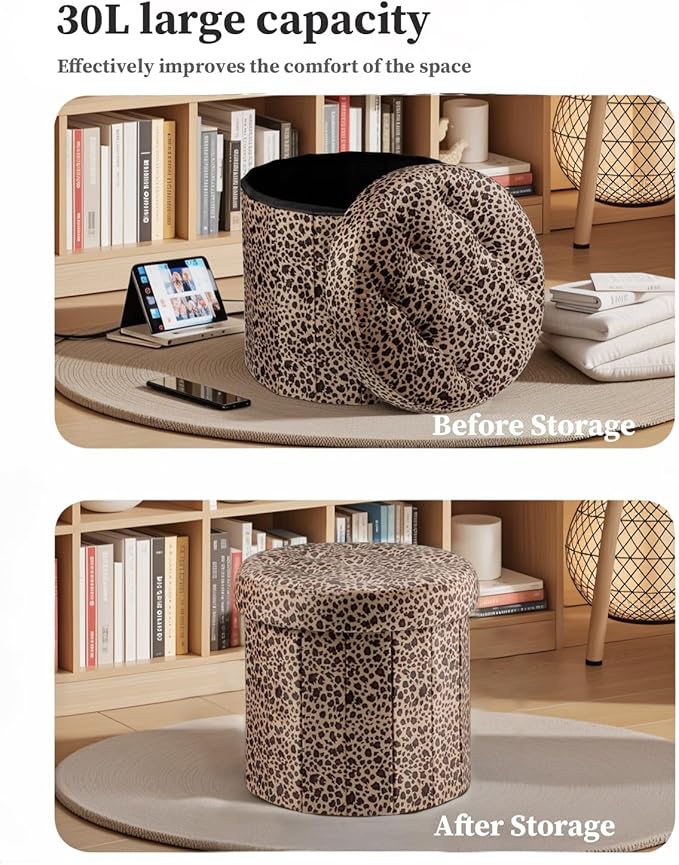 Storage Ottoman, Folding Foot Stool with Thicker Foam Padded Seat Small Velvet Storage Ottoman Foot Rest for Living Room Foldable Coffee Table 14x14x13in, Leopard Print