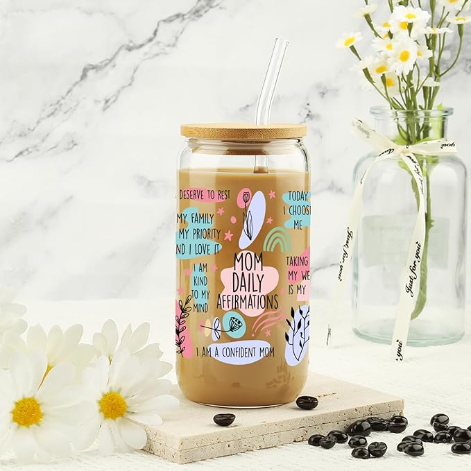 Gifts For Mom - Mom Daily Affirmations Cup for Mother's Day from Daughter, Son - Birthday Gifts For Women, Mama, Stepmom, Her, Wife, Bonusmom, New Mum - 16oz Iced Coffee Glass Cup with Straw Lid
