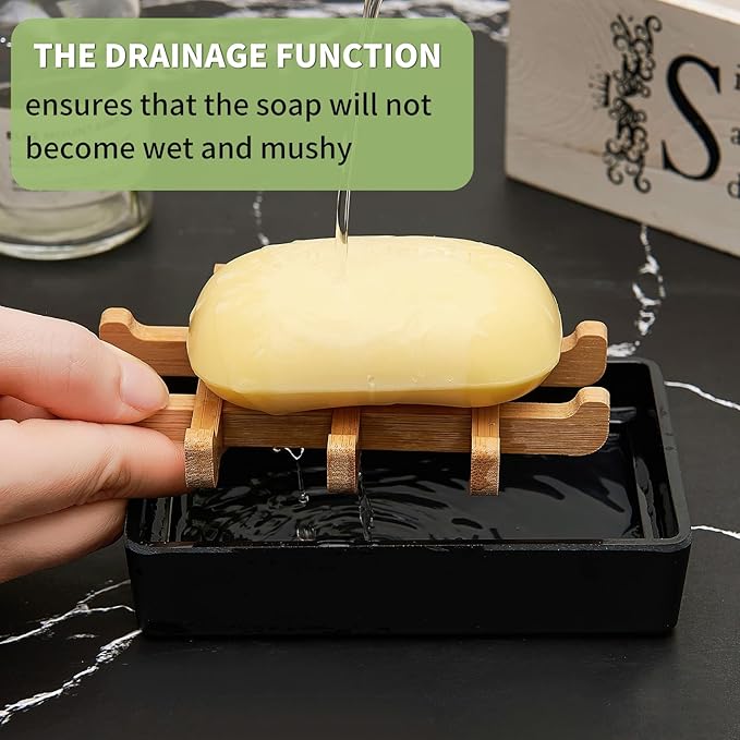 Bamboo Soap Dishes for Shower Wooden Soap Bar Holder for Bathroom Soap Tray Easy to Clean, Durable and with Non-Slip Pads(Single Black Square)