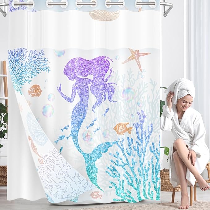 Mermaid Glitter No Hook Shower Curtain with Snap in Liner, Coral Starfish Seashell Underwater Bath Curtain with Double Layers Waterproof Fabric and Mesh Top Window 71x74 Inch